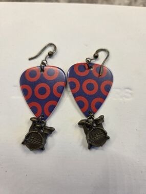 Phish Donut Guitar Pick Dangle Earrings with Drum Charms - Blue & Red
